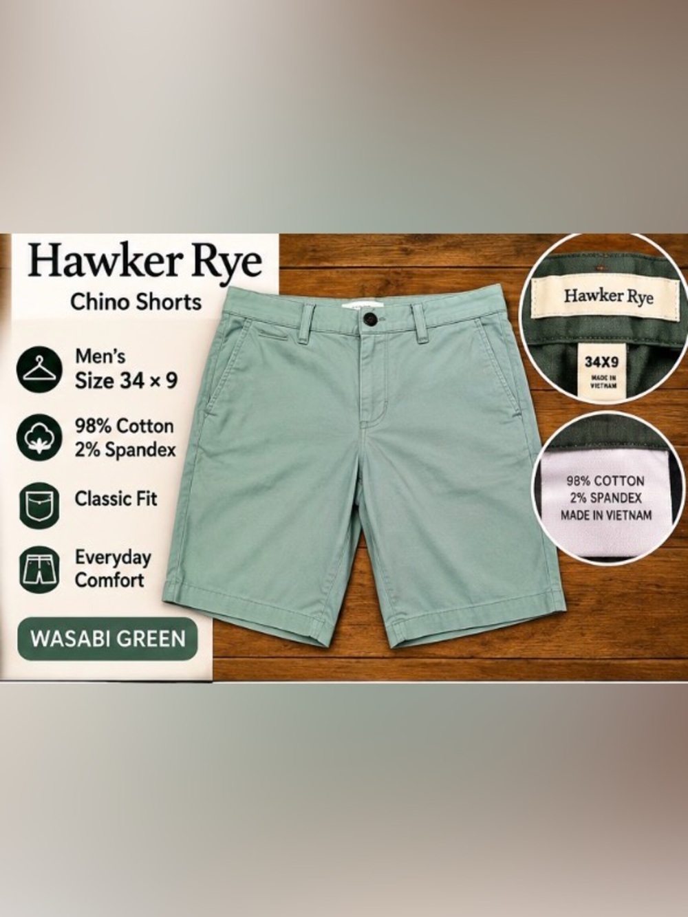 Hawker Rye Essential Wash 9” Chino Shorts Color: Wasabi Size 34